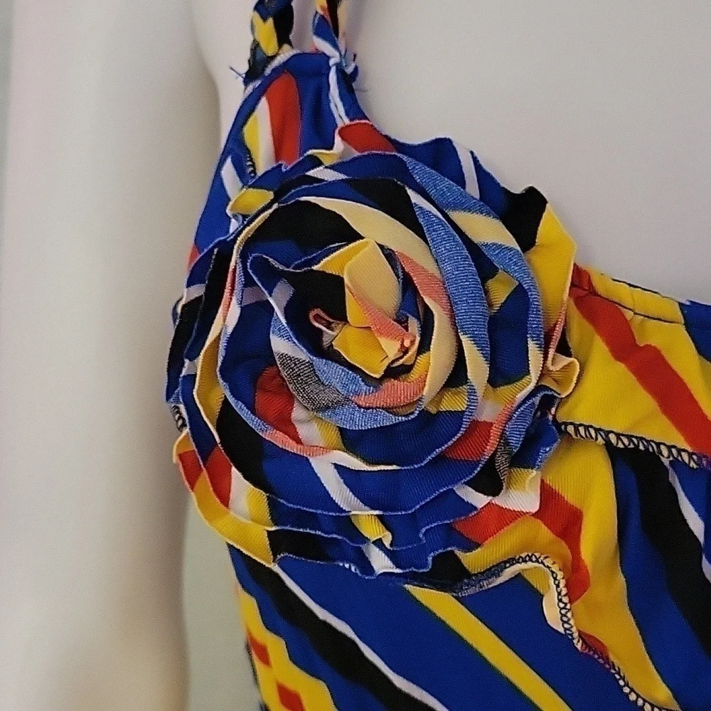 Vtg FASHION WEEK 1980s Rainbow Stripe Tiered Braided Colorblock Slip Dress